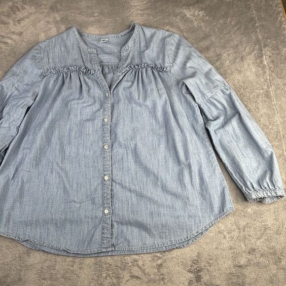 Old Navy Shirt Womens XL Blue Chambray‎ Smocked Long Sleeve Blouse Button Up - Picture 14 of 14